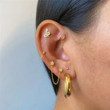 925 Silver Zircon Star Stud Earrings Double Star Studs with Chain Tassel