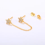 925 Silver Zircon Star Stud Earrings Double Star Studs with Chain Tassel