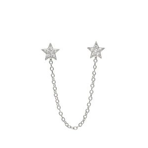 925 Silver Zircon Star Stud Earrings Double Star Studs with Chain Tassel