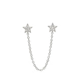 925 Silver Zircon Star Stud Earrings Double Star Studs with Chain Tassel