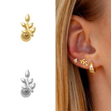 925 Silver Evil Eye Leaf Branch Stud Earrings Zircon Heart Cross Piercing