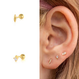 925 Silver CZ Angel Wing Stud Earrings Tiny Bull Head Bee Lock Bar Ear Studs