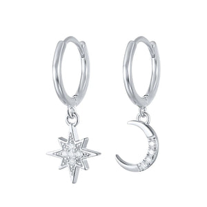 925 Silver CZ Sun Moon Star Pendant Hoop Earrings