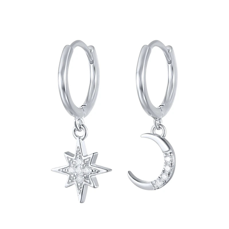 925 Silver CZ Sun Moon Star Pendant Hoop Earrings