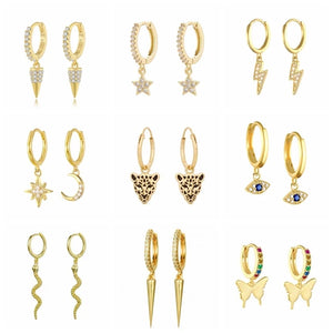 925 Silver CZ Sun Moon Star Pendant Hoop Earrings