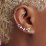 925 Silver Candy Enamel 3 Flowers Stud Earrings Zircon Summer Jewelry