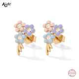 925 Silver Candy Enamel 3 Flowers Stud Earrings Zircon Summer Jewelry