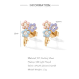925 Silver Candy Enamel 3 Flowers Stud Earrings Zircon Summer Jewelry