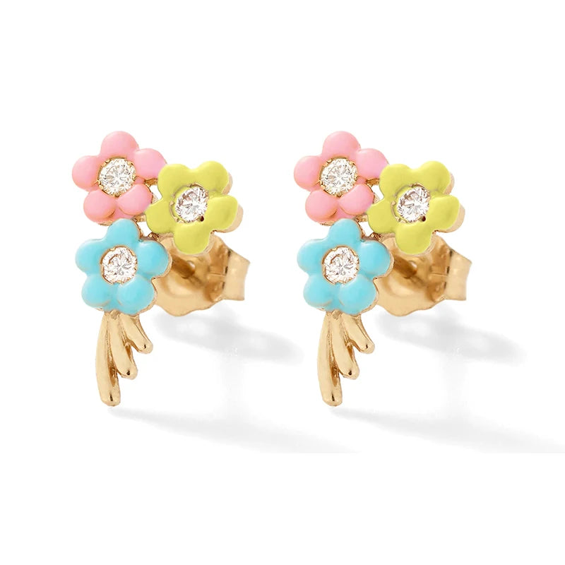 925 Silver Candy Enamel 3 Flowers Stud Earrings Zircon Summer Jewelry