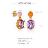 925 Silver Pink Orange Enamel Earrings Purple Zircon Charm