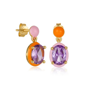 925 Silver Pink Orange Enamel Earrings Purple Zircon Charm