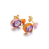 925 Silver Pink Orange Enamel Earrings Purple Zircon Charm