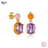 925 Silver Pink Orange Enamel Earrings Purple Zircon Charm