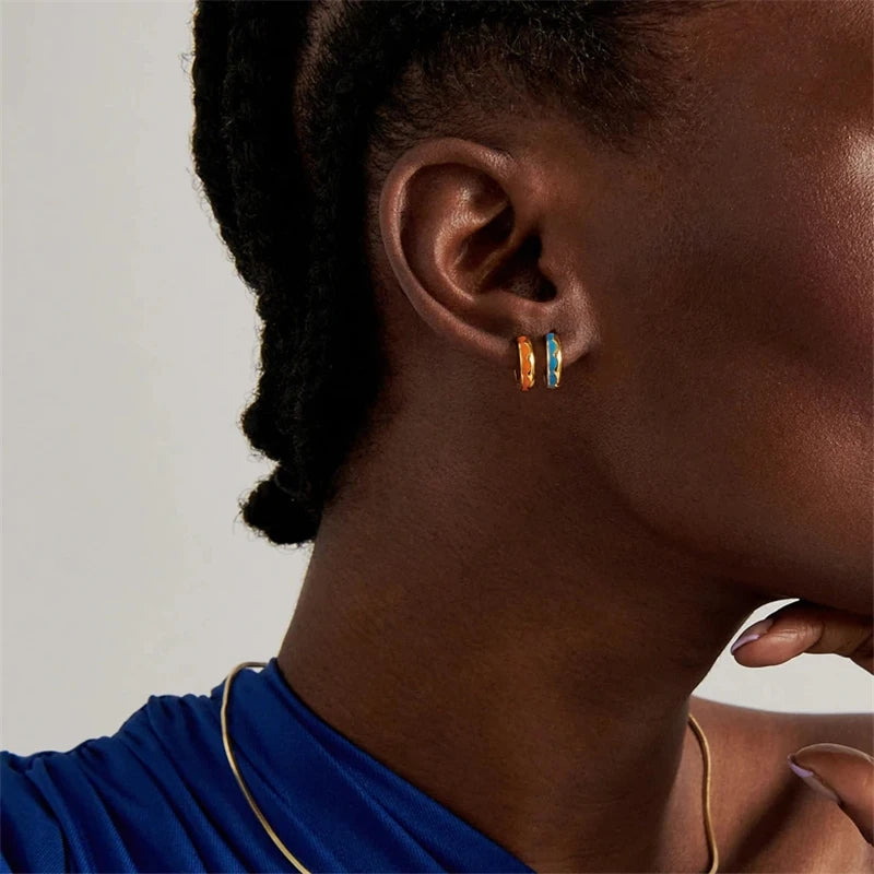 925 Silver Colorful Enamel Circle 9mm Huggie Earrings For Women Girls