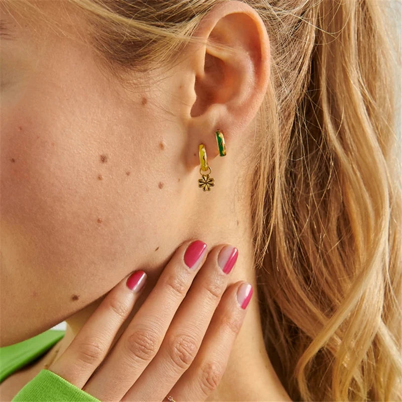 925 Silver Colorful Enamel Circle 9mm Huggie Earrings For Women Girls