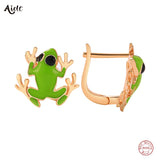 925 Silver Green Enamel Frog Stud Earrings Girls Gift