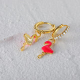 925 Silver Flamingo Charm Dangle Earrings Pink Enamel Zircon Circle Earrings