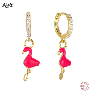 925 Silver Flamingo Charm Dangle Earrings Pink Enamel Zircon Circle Earrings