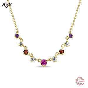 925 Silver Colorful CZ Chain Necklace Red Crystal Choker