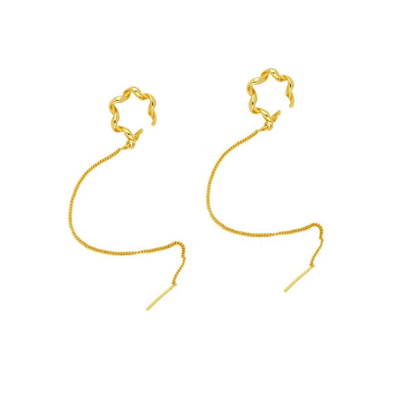 925 Silver Chain Tassel Clip Earrings Single Twist Circle Ear Cuff