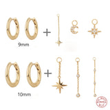 925 Silver Moon Star Charm Dangle Earrings Tassel Zircon Drop Long Chain