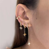 925 Silver Moon Star Charm Dangle Earrings Tassel Zircon Drop Long Chain