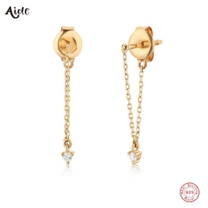 925 Silver Double Chain Tassel V Shape Zircon Earrings