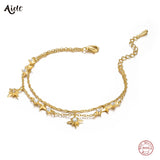 925 Silver Double Layer Chain Bracelet with Zircon Star Charm Pendant