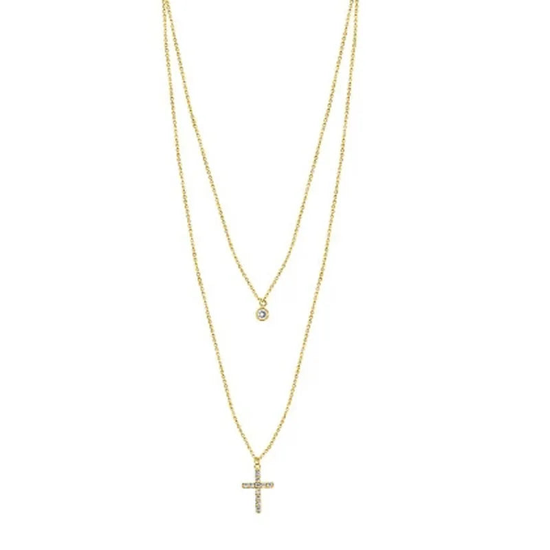 925 Silver Double Layer CZ Zircon Cross Pendant Necklace for Women