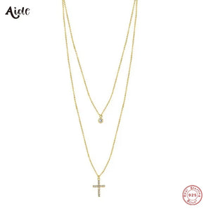 925 Silver Double Layer CZ Zircon Cross Pendant Necklace for Women