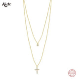 925 Silver Double Layer CZ Zircon Cross Pendant Necklace for Women