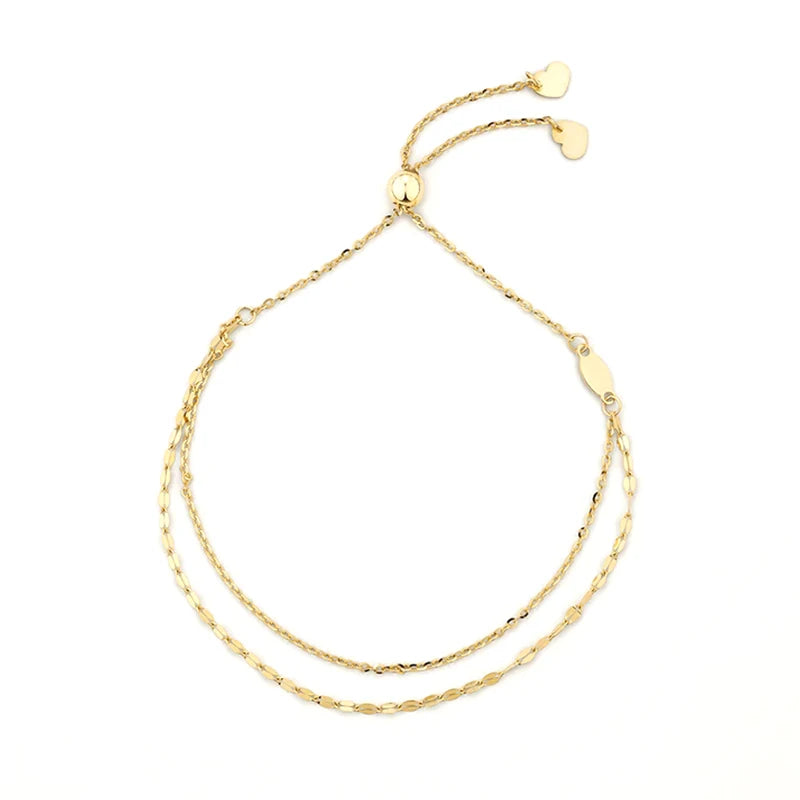 925 Silver Double Layers Chain Bracelet Heart Charms Ball Clasp Adjustable