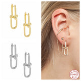 925 Silver Double Rectangle Hoop Earrings Geometric Frame Beads Huggie