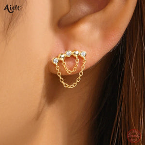 925 Silver Double Tassel Chain Zircon Drop Earrings Women Jewelry