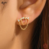 925 Silver Double Tassel Chain Zircon Drop Earrings Women Jewelry
