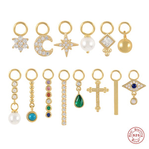 925 Silver Earring Charms Zircon Star Moon Cross Evil Eye Pearl Pendants