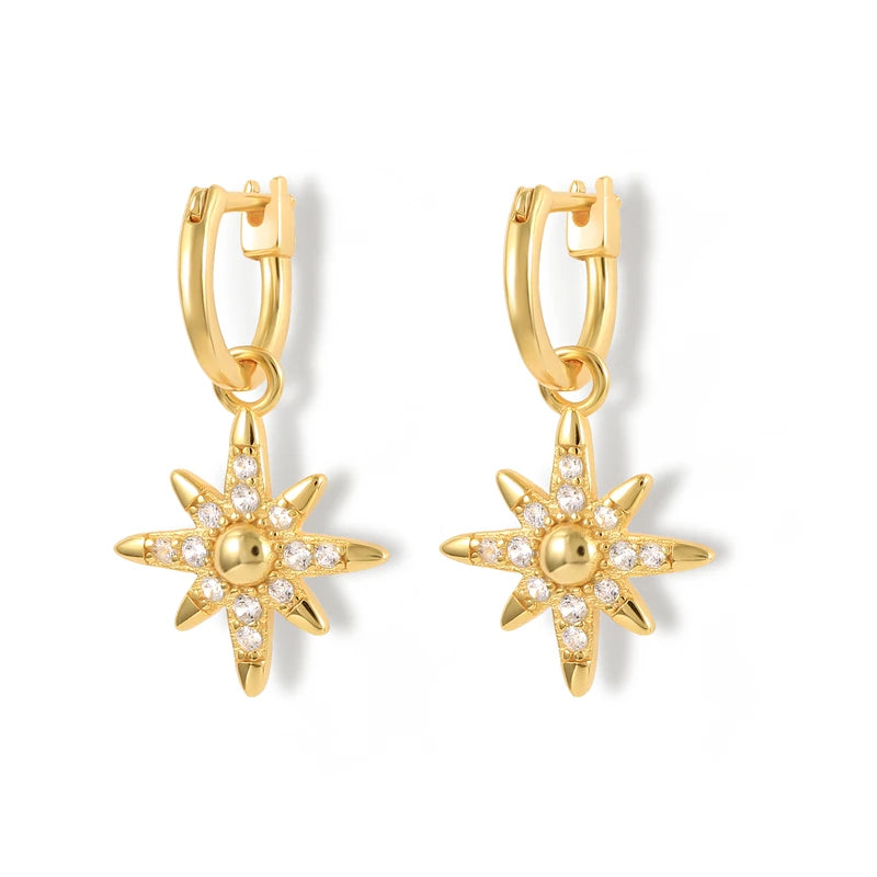 925 Silver Star Pendant Dangle Earrings Zircons Circle Jewelry