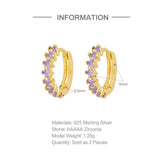 925 Silver Purple CZ Flower Charm Earrings 18K Plated Huggies