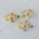 925 Silver Purple CZ Flower Charm Earrings 18K Plated Huggies