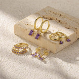 925 Silver Purple CZ Flower Charm Earrings 18K Plated Huggies