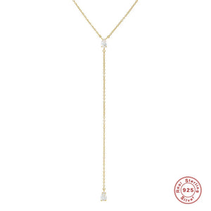 925 Silver Y Necklace Women CZ Zircon Pendant Long Chain Tassel Water Drop