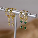 925 Silver Emerald Oval Zircon Dangle Earrings Crystal Pave Circle