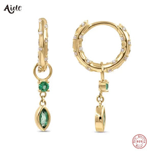925 Silver Emerald Oval Zircon Dangle Earrings Crystal Pave Circle