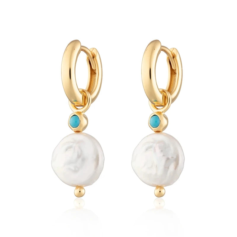925 Silver Baroque Pearl Drop Earrings Turquoise Jewelry Pendientes