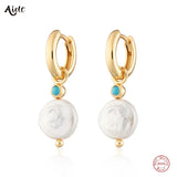 925 Silver Baroque Pearl Drop Earrings Turquoise Jewelry Pendientes