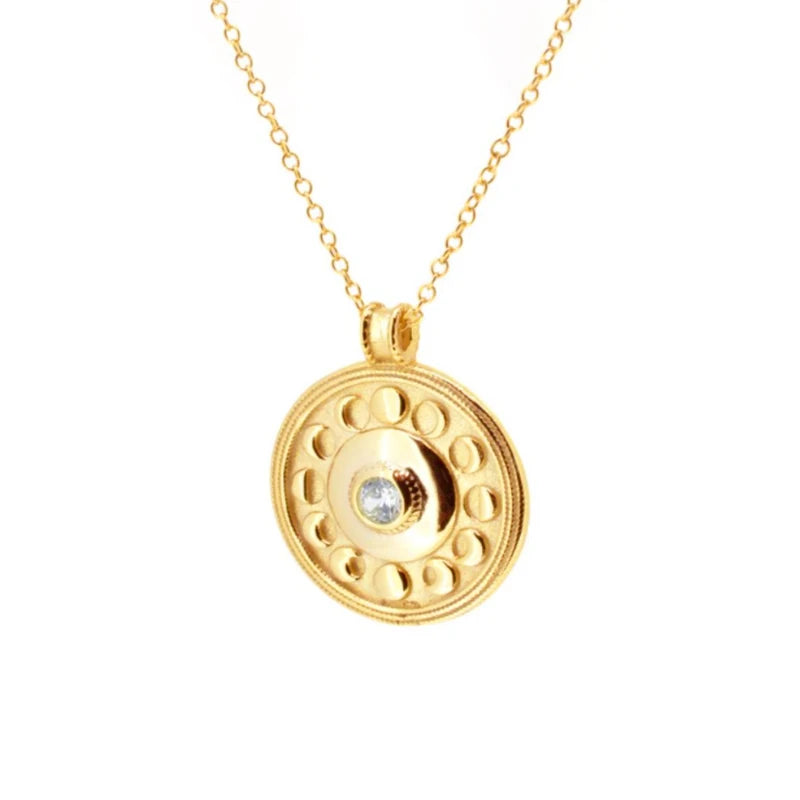925 Silver Bohemia Moon Phase Pendant Necklace Zircon Charm Round Necklace