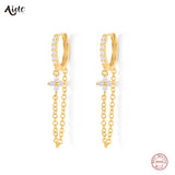 925 Silver Zircon Flower Charm Earrings Purple Crystal Tassel Earrings