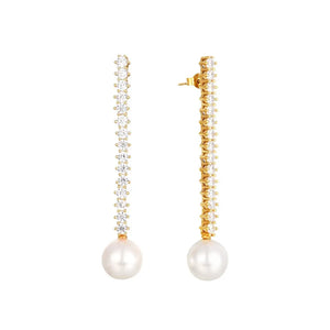 925 Silver Diamond Zircon Chain Earrings With Pearl Charm