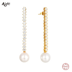 925 Silver Diamond Zircon Chain Earrings With Pearl Charm