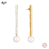 925 Silver Diamond Zircon Chain Earrings With Pearl Charm